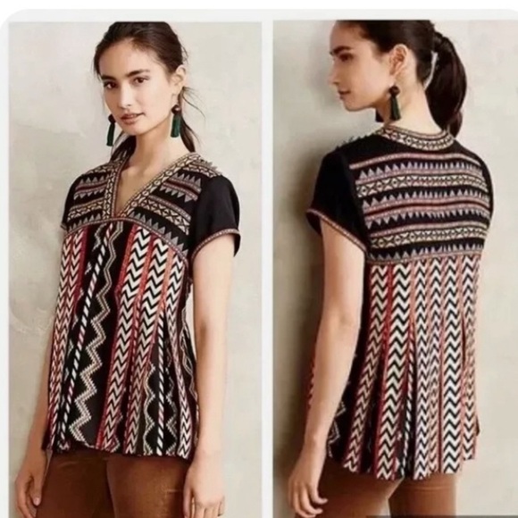 Anthropologie Ranna Gill Chevron Embroidered Cap Sleeve Blouse Aztec Size 0 - Picture 2 of 6